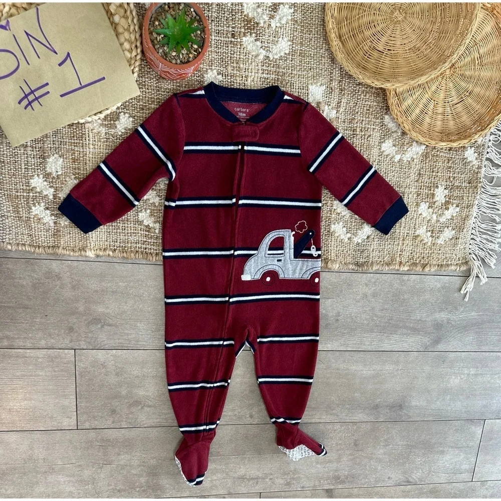 Carter's Toddler Boy Zip Footie Pajamas Sleeper Striped Fleece Tow Truck 18 M